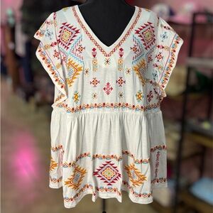 Savanna Jane Embroidered V-Neck Top - White with Multicolor Accents